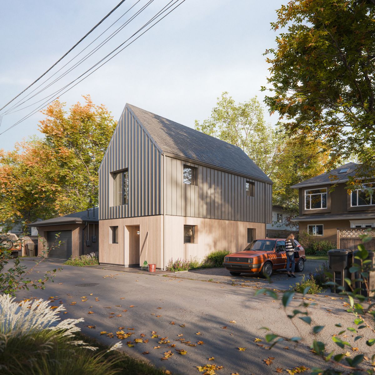A 3D rendering of a home with a pitched roof, featuring a combination of vertical metal and wood paneling. The structure is situated in a residential neighbourhood.